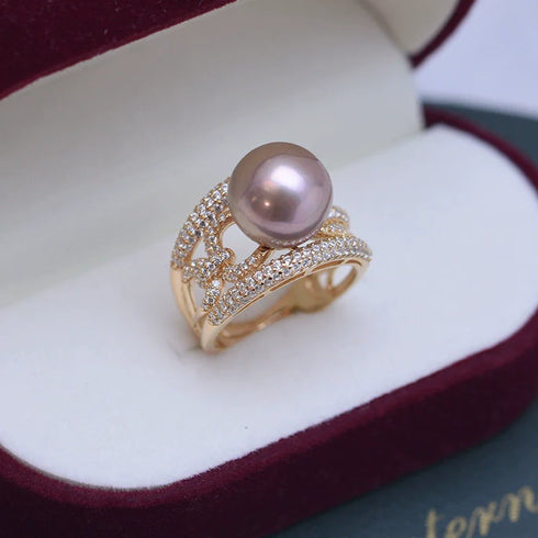 10-11mm Freshwater Pearl Wide Cubic Zirconia Ring - May-Lynn